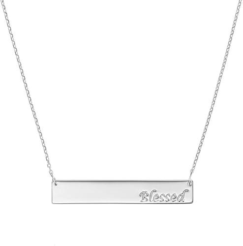 JewelryWeb 925 Sterling Silver Rhodium Plated Side-ways Bar Blessed Engraving Necklace 18 Inch Pendant Necklace for Women
