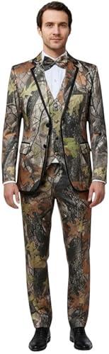 HBDesign Mens 3 Piece 2 Button Flat Collar Camouflage Suits