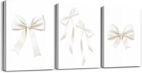 Coquette Bows Framed Canvas Wall Art Watercolor Bow Wall Decor for Bedroom Bowknot Pictures Painting for Room Office Decorations Princess Style Posters Artwork White Light Grey 12"x16"x 3Pcs