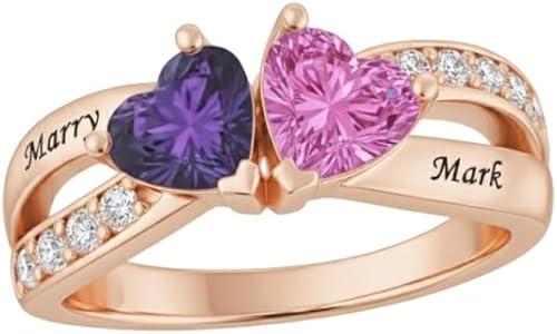 Personalized 2 Birthstones Promise Ring for Women Custom Birthstones Mother Rings Solid 10K/14K/18K White Yellow Rose Gold Engraved Names Engagement Mother Day Rings for Her Wife