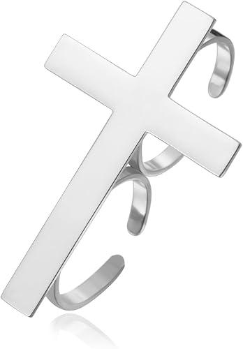 Adjustable Cross Ring for Unisex Two Finger Cross Rings Stainless Steel Stackable Band Religious Catholic Christian Faith Amulet Jewellery for Baptism