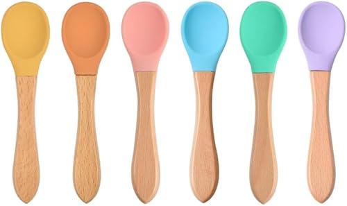 Toddmomy Silicone Baby Spoons 6 Pack, Soft Tip Wooden Handle Feeding Spoons for Baby Led Weaning, First Stage Feeding Utensils for Toddlers 4+ Months