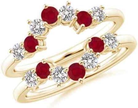 Drizzle Jewels 2.10 Carat Round Cut Lab Created Red Ruby & Diamond Halo Wrap Guard Enhancer Engagement Ring, 14K Yellow Gold Finish