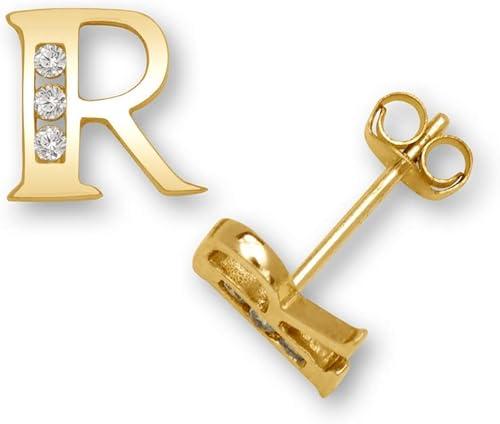 Solid 14k Yellow Gold Channel-set (A-Z) Cubic Zirconia Initial Stud Earrings - Personalized Earrings - Alphabet Earrings - Hypoallergenic