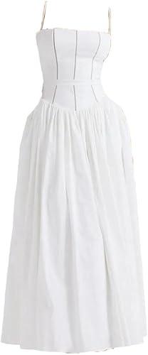 Women’s Floral Print Slash Collar Corset Spliced Lace Spaghetti Strap Dress Low Waist Ruched Pleated Swing Dress