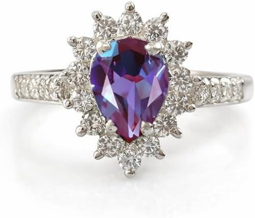 Alexandrite Engagement Ring for Women 925 Sterling Silver Pear Cut Color Changing June Birthstone, Vintage Halo Ring with CZ Diamonds Wedding Jewelry Gift