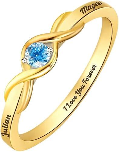 10K/14K/18K Personalized 1-4 Birthstone Rings for Women Mom Wife Custom Engraved Names Promise Rings for Mom Wife Jewelry Gift for Mothers Day Birthday Size 3-16