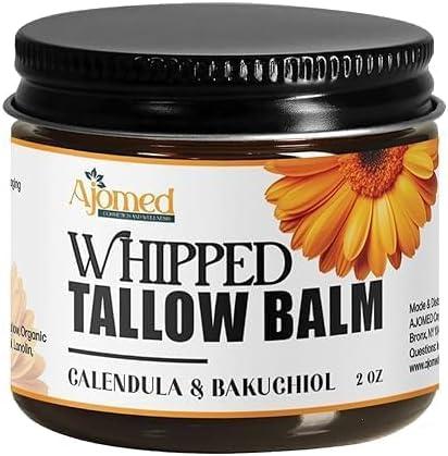 AJOMED Whipped Beef Tallow for skin Moisturizer with calendula and bakuchiol oil | beef tallow for skin care - handmade grass-feed Frankinsence tallow face cream- organic facial balm (UNSCENTED)