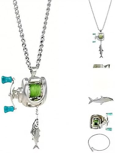 Fishing Reel Necklace, Necklace with Rotating Handle & Moving Line Guide, Interactive Angler Jewelry for Fishing Enthusiasts