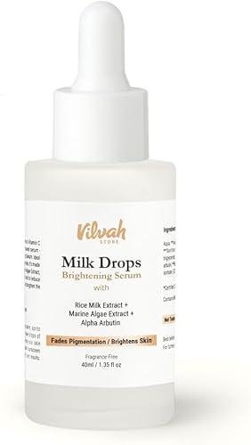 Vilvah Store Milk Drops Brightening Serum Formulated With Rice Milk Extract, Marine Algae Extract, Alpha Arbutin, Fades Scars, Brightens Skin & Even Skin Tone For All Skin Type, 40ml