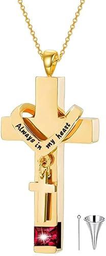 10K Gold Cross Urn Necklace for Ashes, 10K/14K/18K Real Gold 0.1cttw Natural Diamond Cremation Necklace Jewelry for Women Men Keepsake Pendant Necklace Memorial Locket Ash Holder