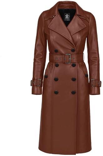 Womens Lambskin Leather Double Breasted Trench Coat - Genuine Leather Long Coat for Women Belted