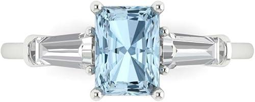 Clara Pucci 14K Solid Gold Engagement Ring for Women | 1.5 cttw Aquamarine Emerald Cut Three-Stone | Real White Gold Wedding Ring