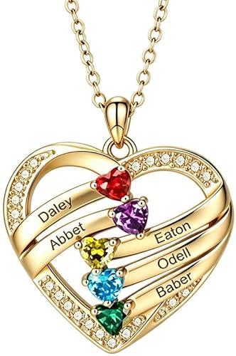 10K/14K/18K Gold Personalized Mom Heart Birthstone Necklace with 1-6 Birthstone Custom Family Member Names Necklace Jewelry Gift for Mom Wife