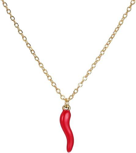 Dreamtimes Italian Horn Necklace for Women Men Stainless Steel Horn Pendant Necklaces Red Pepper Necklace Classic Cornicello Amulet for Good Luck & Protection Unisex Gift