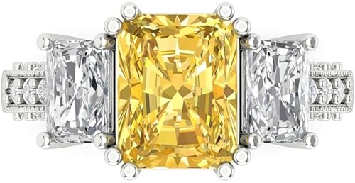 Clara Pucci 14K Solid Gold Engagement Ring for Women | 4.27 cttw Yellow Diamond Emerald Cut Three-Stone | Real White Gold Wedding Ring