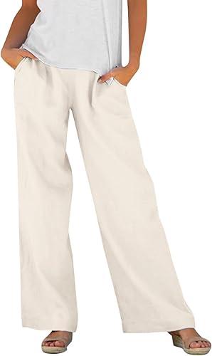 Women Flowy Linen Pants Palazzo Wide Leg Elastic Waist Beach Trousers Loose Fit with Pockets