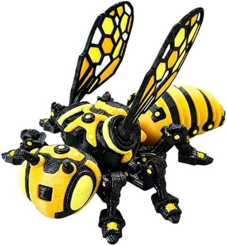 Mechanical Bee Figurine, Cyberpunk Bee Fidget Toy, 3D Printed Fully Articulated Movable Design, Easy Adhesive Mounting, 3D Printed Stress Relief Desk Toy, Executive Desk Toy (Yellow Eyes 8cm)