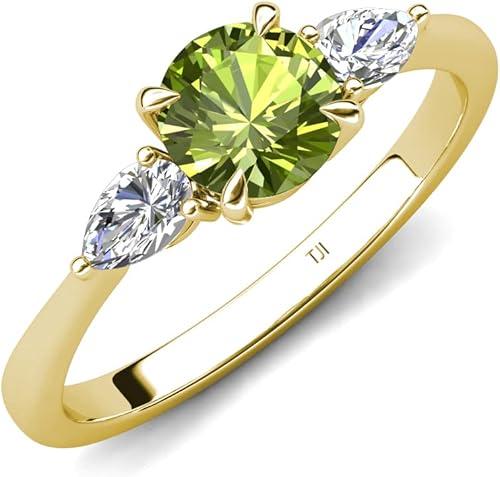 TriJewels 1.44 ctw Peridot (6.00 mm) and Pear Shape Lab Grown Diamond Women Three Stone Engagement Ring in 14K Gold
