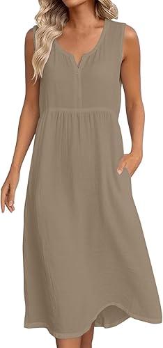 Womens Cotton Linen Midi Dresses Sleeveless Crewneck Empire Waist Loose Comfy Beach Casual Sundress