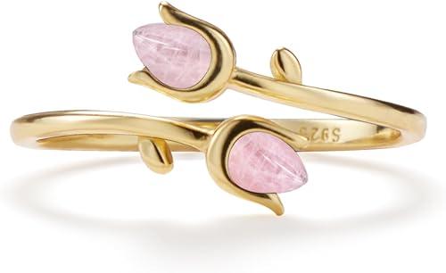 PERIMADE Rose Quartz Tulip Flower Stacking Ring for Women 18K Gold Plated Pink Floral Open Wrap Band, 925 Sterling Silver Adjustable Bypass Ring Birthday Friendship Gift Mother Best Friend