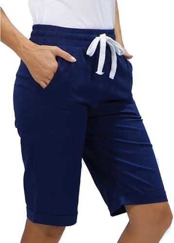 Shorts for Women Cotton Bermuda Shorts with Pockets Elastic Waist Knee Length Casual Athletic Walking Shorts