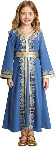 IWEMEK Abaya for Girls Muslim Prayer Dress Kids Islamic Dubai Eid Ramadan Clothes Wedding Saudi Arabic Kaftan Dress with Belt