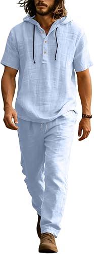 Mens 2 Piece Linen Set Summer Beach Short Sleeve Button Down Hooded Shirt Long Pant Vacation Casual Outfit