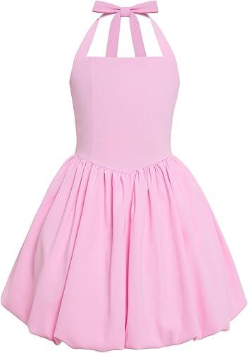 IBTOM CASTLE Teen Girls Dress Halter Neck Tie Back Smocked Bubble Sundress for Pro Homecoming Dance Birthday Party 9-14 Years