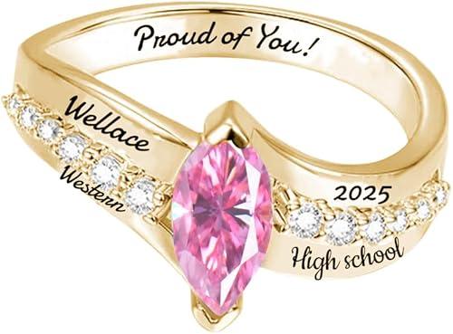 Personalized High School Marquise Class Ring 2025 2026 Solid 10k/14k/18k Gold Custom Birthstone Engraved College Name University Graduation Ring For Women ladies