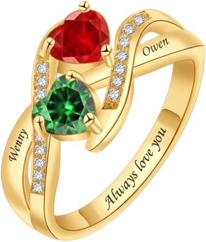 2-6 Birthstones Promise Ring for Women Custom Heart Birthstones Mother Rings Solid 10K/14K/18K White Yellow Rose Gold Engraved Names Engagement Mother Day Rings for Her Wife Mom