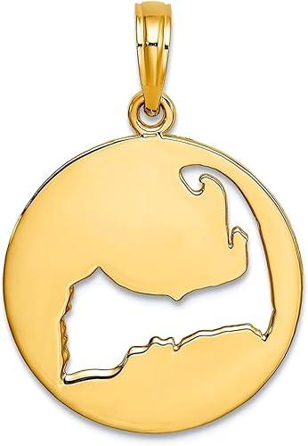 JewelryWeb 14k Gold Cape Cod Silhouette Cut-out In Disc High Polish Charm 24.55x17.75mm Wide 0.65mm Thick Pendant Necklace for Women