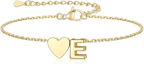 Silvora Initial Bracelet A-Z Dainty Heart Bracelets for Women Personalized Bracelets for Women Charm Bracelet with Initials, Adjustable 6.3"+2" Extender Chain