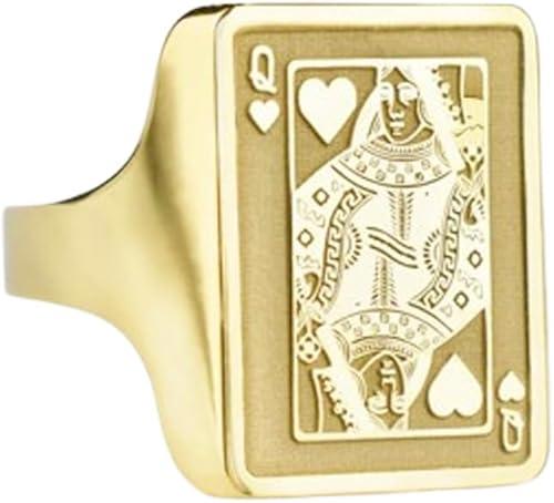 ZOYLA queen of heart signet ring| poker player rectangle playing card gambler gift| jewelry| gold plated brass |KB_SBRG_00261