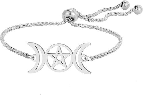 TEAMER Adjustable Triple Moon Goddess Bracelet Stainless Steel Amulet Pentagram Bracelet Pagan Wicca Jewelry For Women