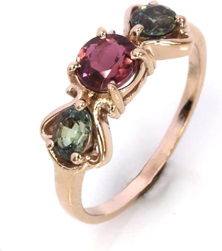 Jewelry by ARSA Solid 14k Rose Gold Ring for Women Set with Natural 0.5 ctw Color Change Alexandrites & 0.8 ct Pink Tourmaline - 3 Stone Anniversary Band 7 mm - Handcrafted in USA - June Birthstone