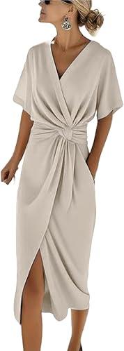 Womens Tie-Waist Midi Dress with Side Slit:Solid Color V-Neck Short Sleeve Casual Wrap Dresses Workout Loose Fit