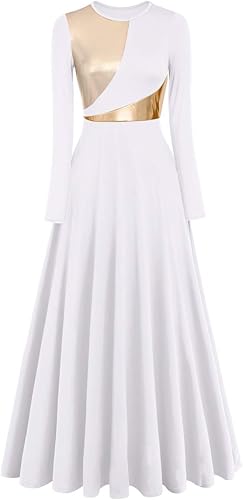 Women Metallic Bi Color Liturgical Praise Dance Dress Long Sleeve Lyrical Dancewear Church Maxi Robe Worship Costume — 50% off