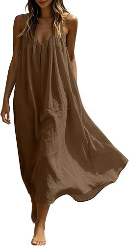 Oplxuo Women's V Neck Spaghetti Strap Maxi Dress Cotton Gauze Flowy Casual Sundress Loose Beach Cover Up Dress for Vacation Brown