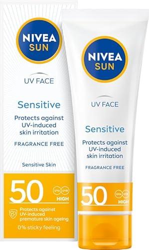 Nivea Sun Protection Sensitive Face Cream for Delicate Skin, Lightweight Daily Cream for Outdoor Use, Fragrance‑Free, Non‑Greasy Texture with Antioxidants, Dermatologically Tested, 1.69 fl oz Tube