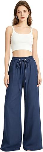 Women Cotton Linen Pants Lightweight Straight Leg Trousers Casual Drawstring Elastic Waist Trousers with Pockets