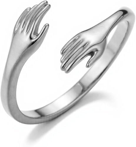LIKGREAT Hug Ring for Women Stainless Steel Adjustable Open Hugging Hands Ring Anniversary jewelry for Mom Wife Daughters Sister