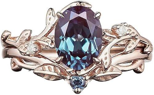 10K 14K 18K Gold Vine Alexandrite Wedding Ring Sets for Women Oval/Heart/Pear/Kite/Hexagon/Cut Twig Alexandrite Promise Anniversary Ring Sets Size 3-16