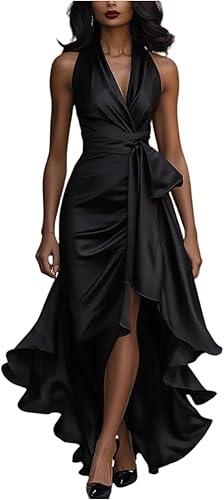 Elegant Evening Dresses for Women Halter V-Neck Aline Formal Gown High Waist Satin Sexy Slim Belt Bodycon Dress