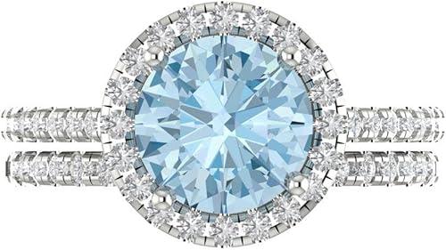 Clara Pucci 14K White Gold Wedding Set - Natural Aquamarine Solitaire with Accents Engagement Ring and Stackable Simulated Diamond Wedding Band for Women - Bridal Engagement Set