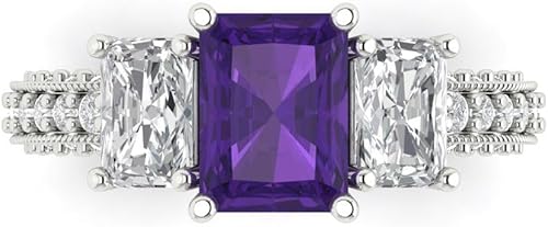 Clara Pucci 14K Solid Gold Engagement Ring for Women | 3.61 cttw Amethyst Emerald Cut Three-Stone | Real White Gold Wedding Ring
