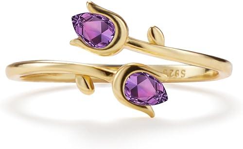 PERIMADE Purple Amethyst Tulip Flower Stacking Ring for Women 18K Gold Plated Floral Open Wrap Band, 925 Sterling Silver Adjustable Bypass Ring Valentines Birthday Jewelry Gift Wife Mom Daughter