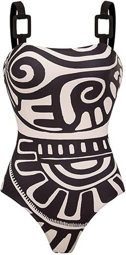 FLAXMAKER Womens Bathing Suits Adjustable Shoulder Straps Black Tribal Print Swimsuit and Skirt