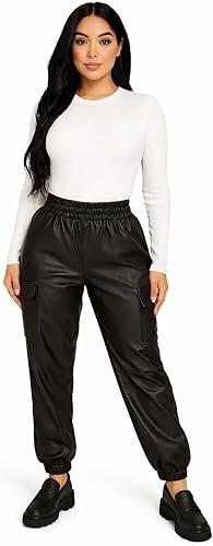 Women's Faux Leather Cargo Jogger Pants, High Waisted with Elastic Waistband and Side Pockets