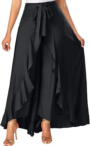 High Waisted Wrap Skirt Palazzo Pants Flowy Wide Leg Trousers Tie Waist Ruffle Maxi Length Boho Summer Vacation